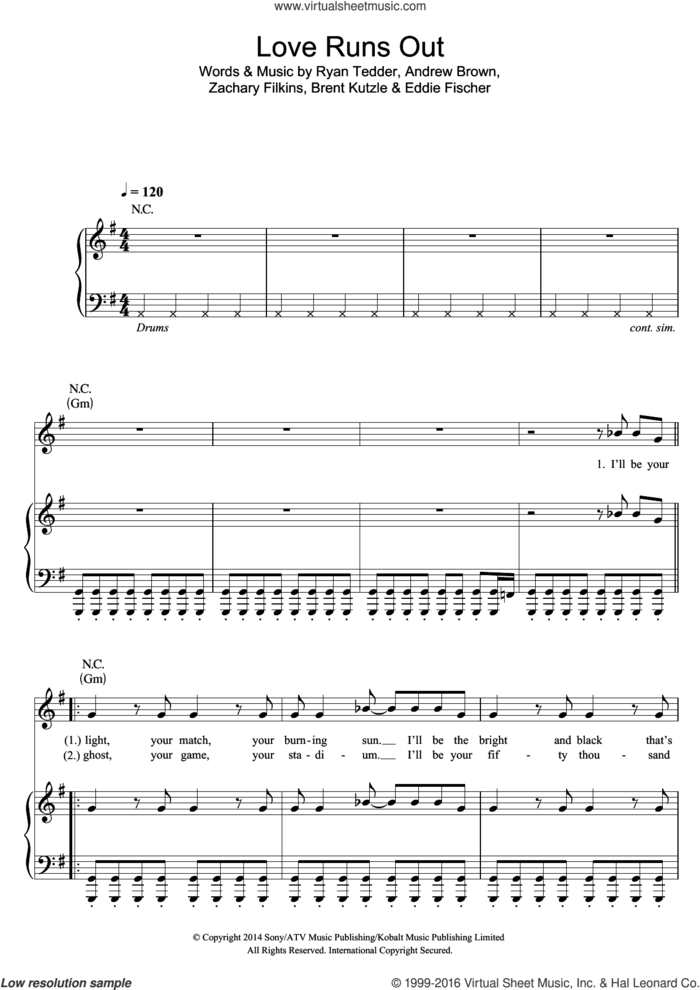 Love Runs Out sheet music for voice, piano or guitar by Andrew Brown, OneRepublic, Brent Kutzle, Eddie Fischer, Ryan Tedder and Zack Filkins, intermediate skill level