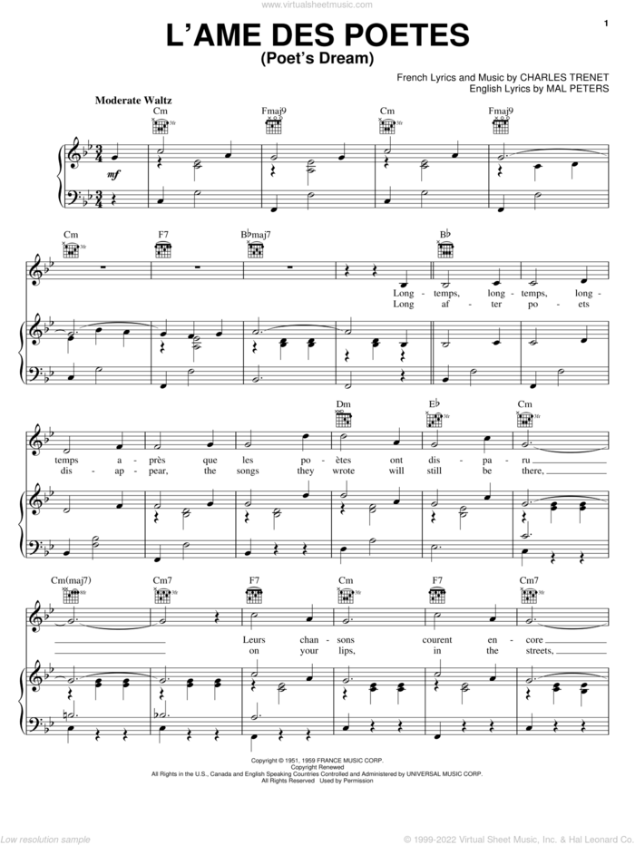 L'ame Des Poetes (Poet's Dream) sheet music for voice, piano or guitar by Charles Trenet and Mal Peters, intermediate skill level