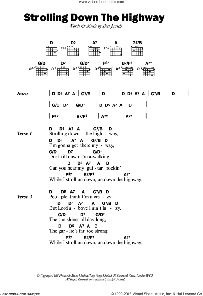 Strolling Down The Highway sheet music for guitar (chords) by Pentangle and Bert Jansch, intermediate skill level