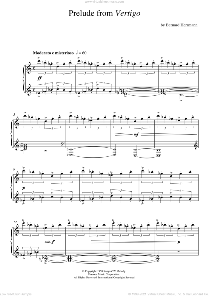 Prelude From Vertigo sheet music for piano solo by Bernard Herrmann, intermediate skill level
