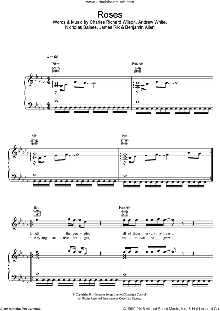 Roses sheet music for voice, piano or guitar by Kaiser Chiefs, Andrew White, Benjamin Allen, Charles Richard Wilson, James Rix and Nicholas Baines, intermediate skill level