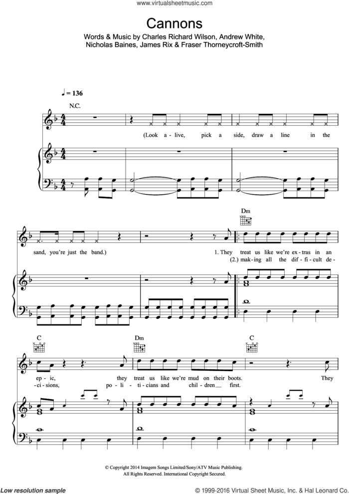 Cannons sheet music for voice, piano or guitar by Kaiser Chiefs, Andrew White, Charles Richard Wilson, Fraser Thorneycroft-Smith, James Rix and Nicholas Baines, intermediate skill level