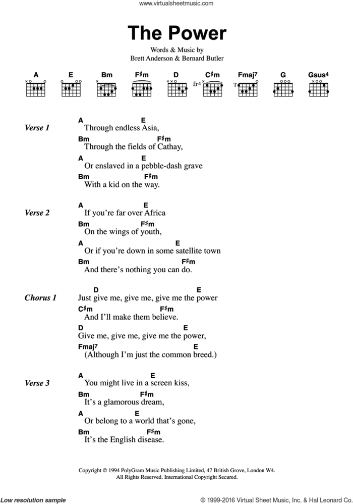 The Power sheet music for guitar (chords) by Suede, Bernard Butler and Brett Anderson, intermediate skill level