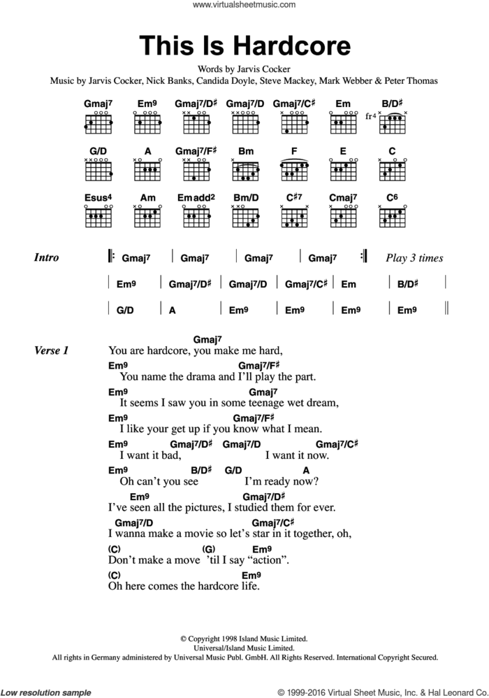 This Is Hardcore sheet music for guitar (chords) by Pulp, Candida Doyle, Jarvis Cocker, Mark Webber, Nick Banks, Peter Thomas and Steve Mackey, intermediate skill level