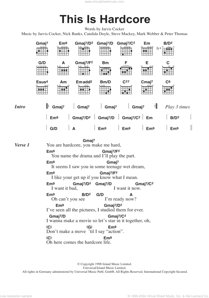 This Is Hardcore sheet music for guitar (chords) by Pulp, Candida Doyle, Jarvis Cocker, Mark Webber, Nick Banks, Peter Thomas and Steve Mackey, intermediate skill level