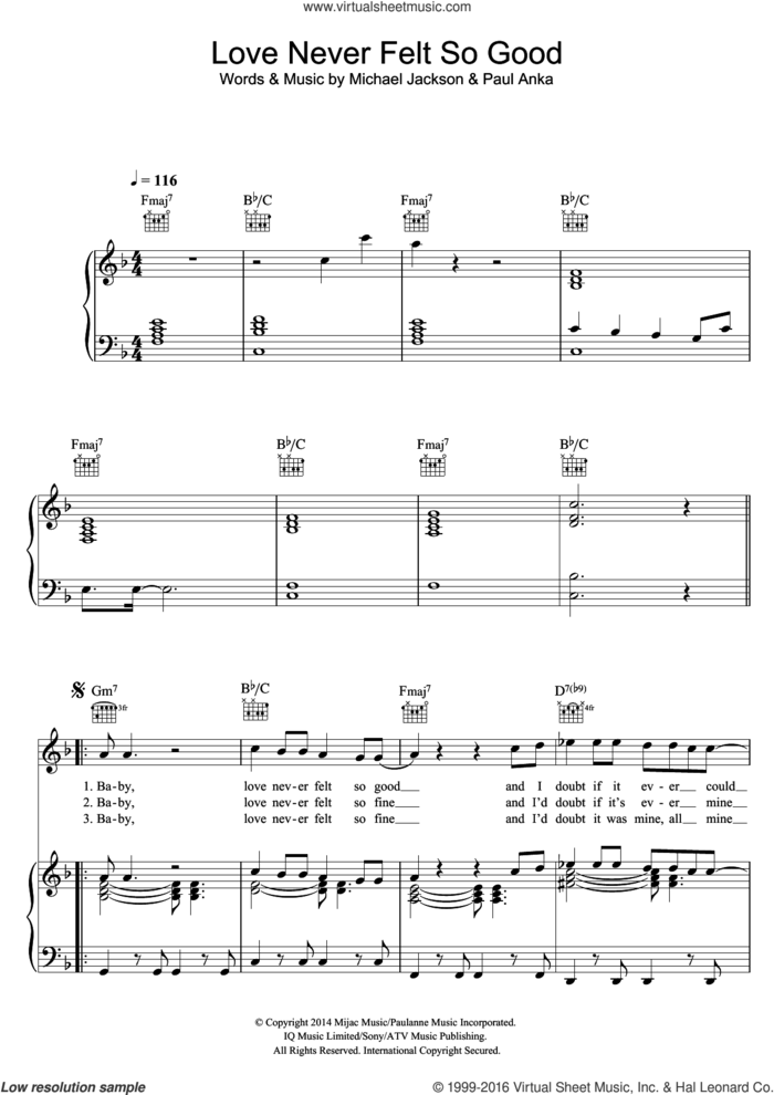 Love Never Felt So Good sheet music for voice, piano or guitar by Michael Jackson and Paul Anka, intermediate skill level