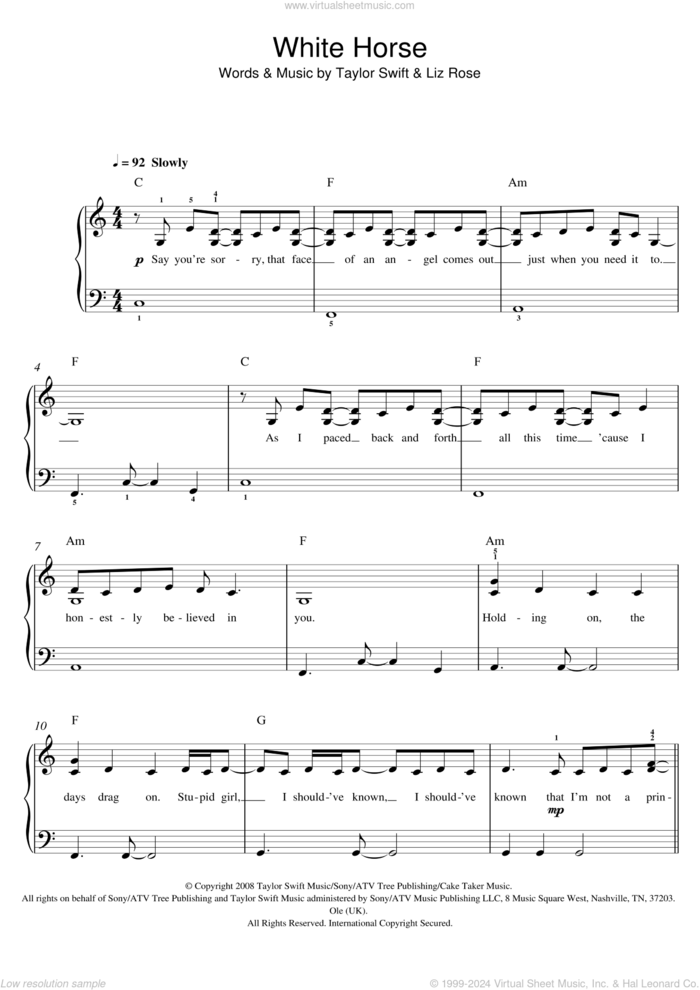 White Horse sheet music for piano solo by Taylor Swift and Liz Rose, easy skill level