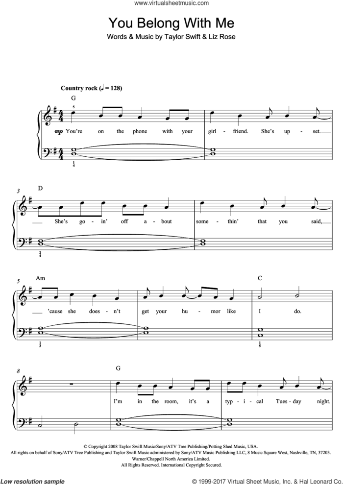 You Belong With Me, (easy) sheet music for piano solo by Taylor Swift and Liz Rose, easy skill level