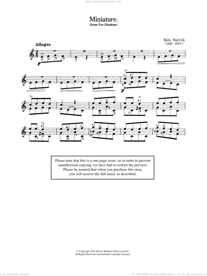 Miniature (From 'For Children') sheet music for guitar solo (chords) by Bela Bartok and Bela Bartok, classical score, easy guitar (chords)