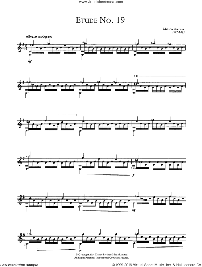 Etude No.19 sheet music for guitar solo (chords) by Matteo Carcassi, classical score, easy guitar (chords)
