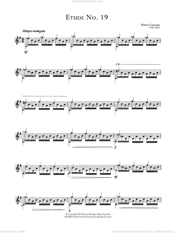 Etude No.19 sheet music for guitar solo (chords) by Matteo Carcassi, classical score, easy guitar (chords)