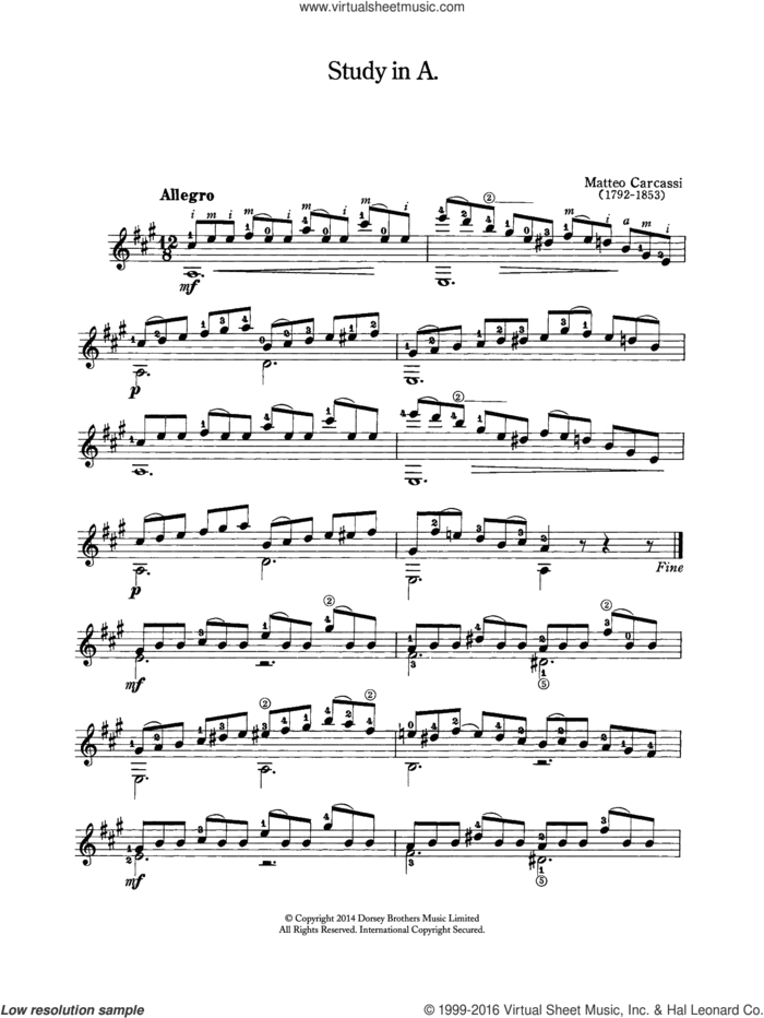 Study In A sheet music for guitar solo (chords) by Matteo Carcassi, classical score, easy guitar (chords)