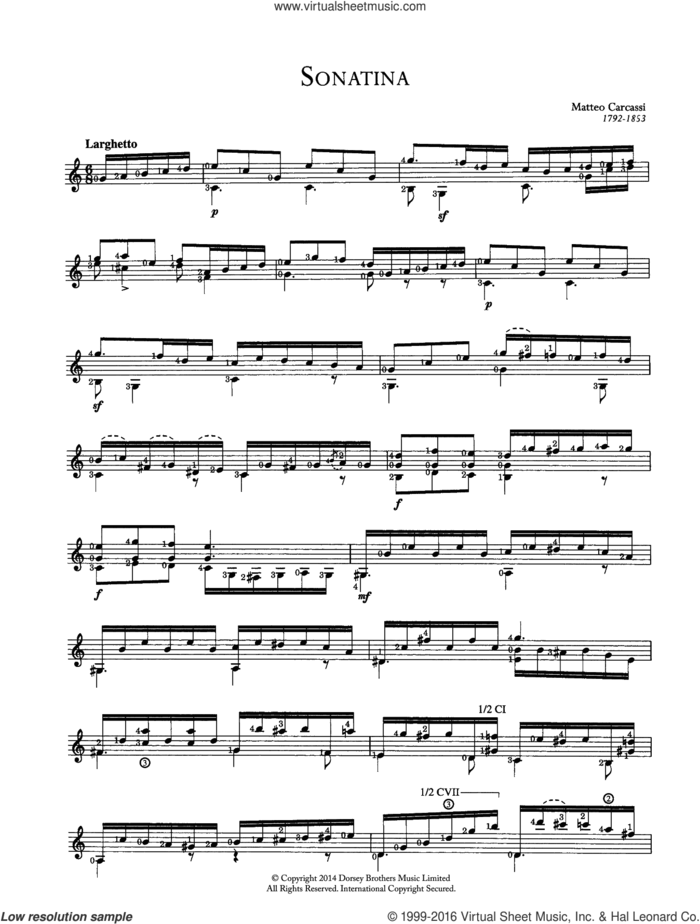 Sonatina sheet music for guitar solo (chords) by Ferdinando Carulli, classical score, easy guitar (chords)