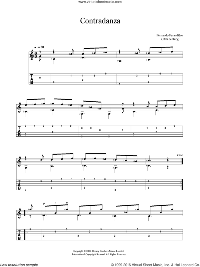 Contradanza sheet music for guitar solo (chords) by Fernando Ferandiere, classical score, easy guitar (chords)