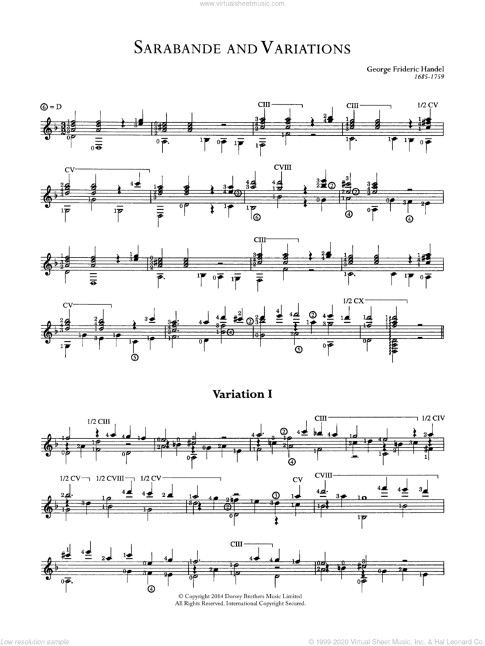 Sarabande And Variations sheet music for guitar solo (chords) by George Frideric Handel, classical score, easy guitar (chords)