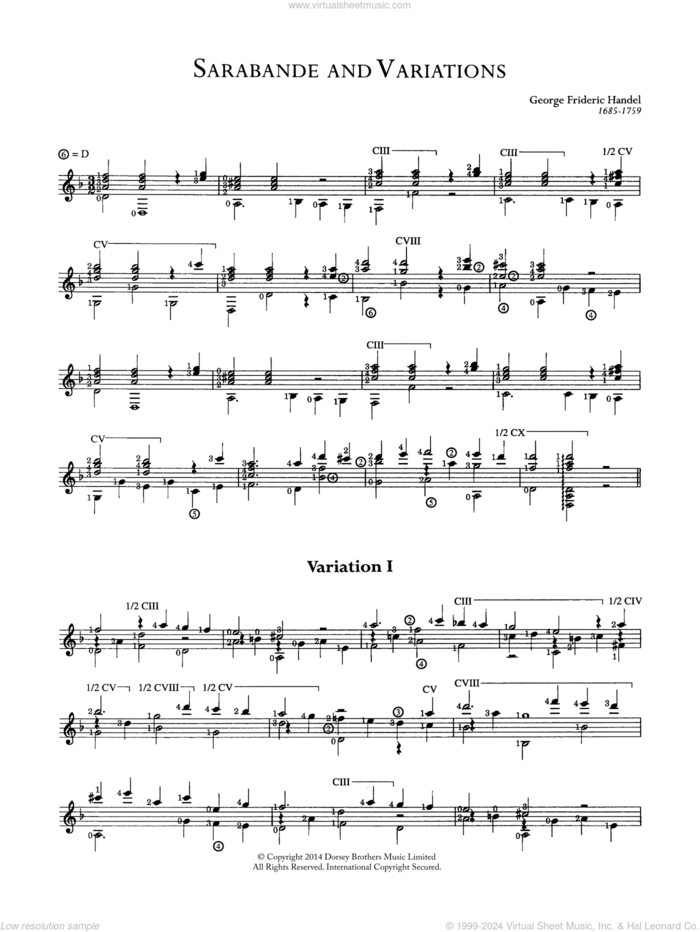 Sarabande And Variations sheet music for guitar solo (chords) by George Frideric Handel, classical score, easy guitar (chords)