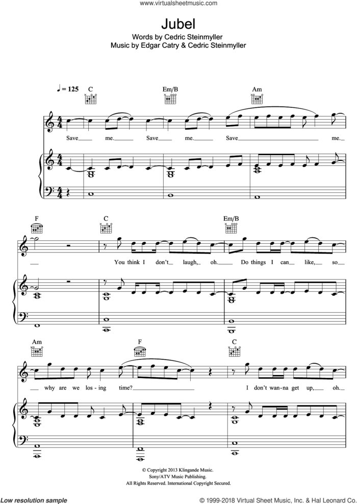 Jubel sheet music for voice, piano or guitar by Klingande, Cedric Steinmyller and Edgar Catry, intermediate skill level
