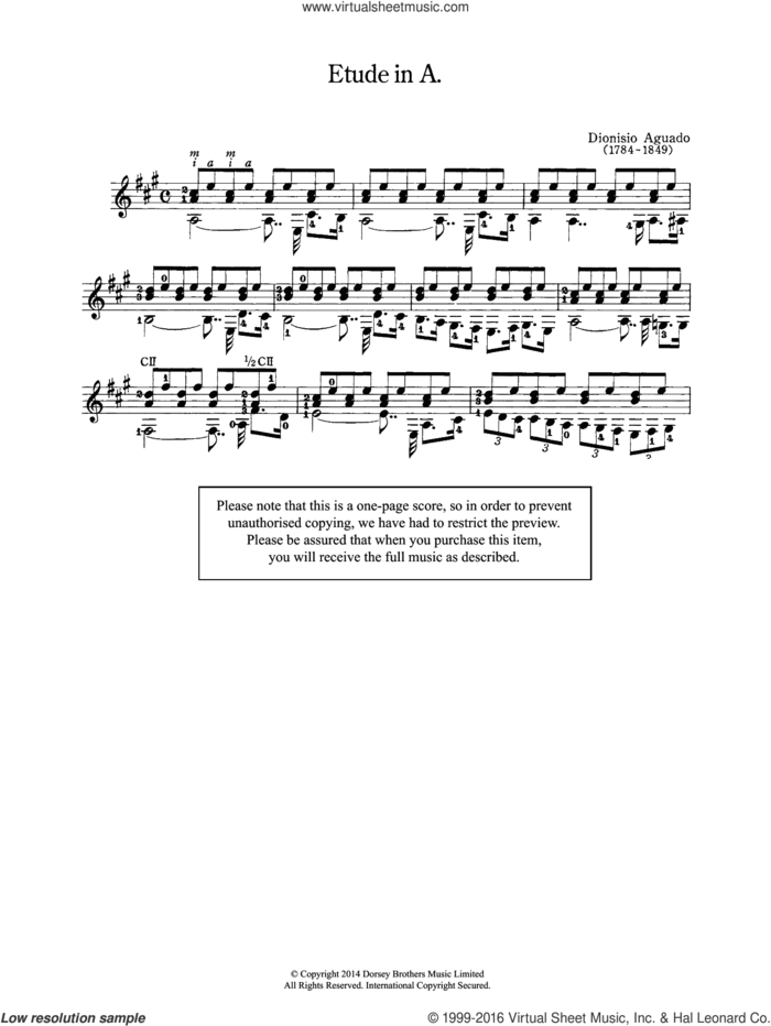 Etude In A sheet music for guitar solo (chords) by Garcia Dionisio Aguado, classical score, easy guitar (chords)