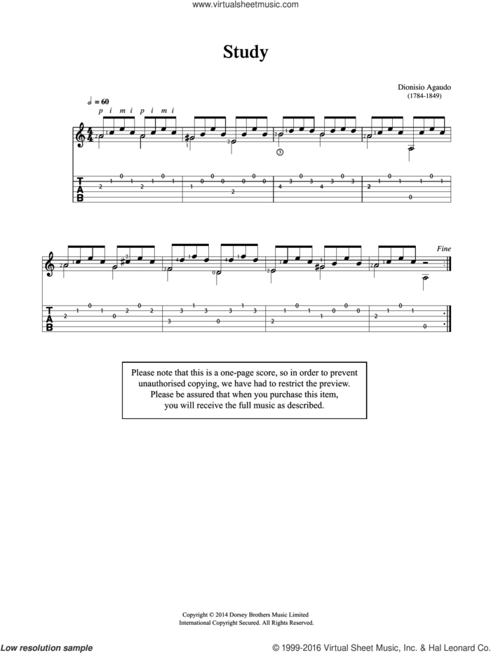 Study sheet music for guitar solo (chords) by Garcia Dionisio Aguado, classical score, easy guitar (chords)
