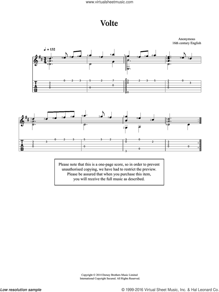 Volte sheet music for guitar solo (chords) by Anonymous, classical score, easy guitar (chords)