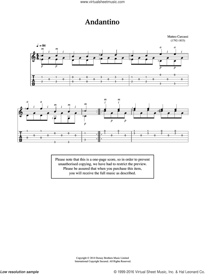 Andantino sheet music for guitar solo (chords) by Matteo Carcassi, classical score, easy guitar (chords)