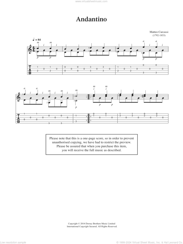 Andantino sheet music for guitar solo (chords) by Matteo Carcassi, classical score, easy guitar (chords)