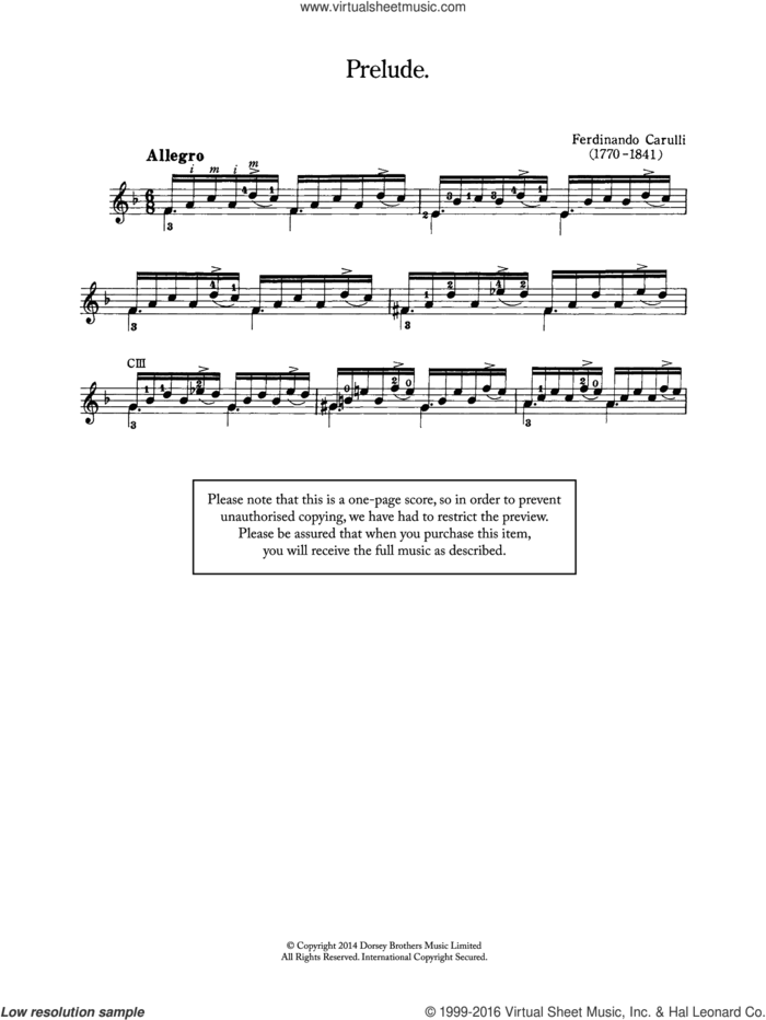 Prelude sheet music for guitar solo (chords) by Ferdinando Carulli, classical score, easy guitar (chords)