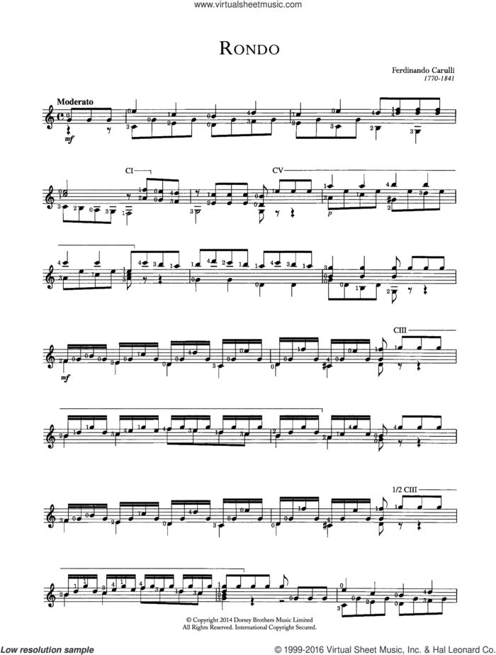 Rondo sheet music for guitar solo (chords) by Ferdinando Carulli, classical score, easy guitar (chords)