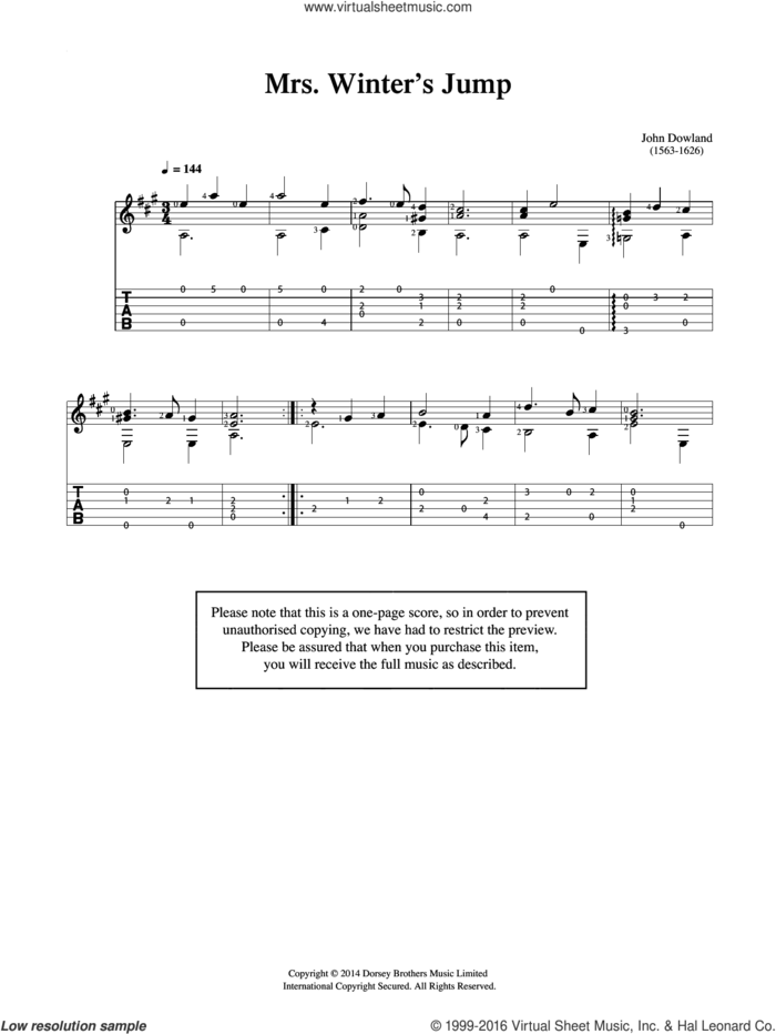Mrs Winter's Jump sheet music for guitar solo (chords) by John Dowland, easy guitar (chords)