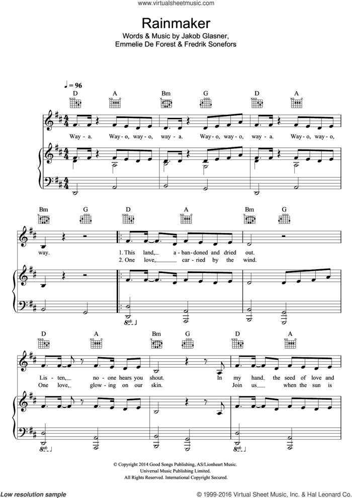 Rainmaker sheet music for voice, piano or guitar by Emmelie de Forest, Fredrik Sonefors and Jakob Glasner, intermediate skill level