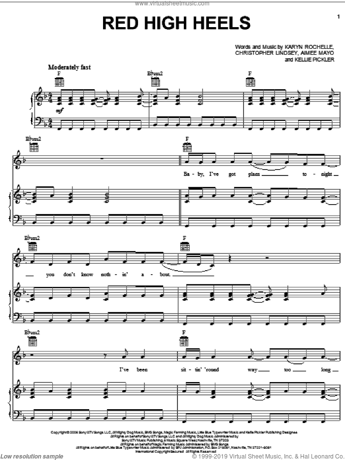 Red High Heels sheet music for voice, piano or guitar by Kellie Pickler, Aimee Mayo, Christopher Lindsey and Karyn Rochelle, intermediate skill level