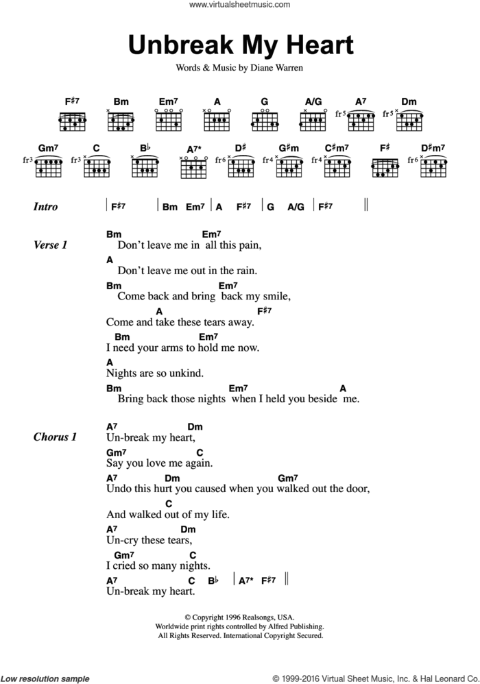 Un-Break My Heart sheet music for guitar (chords) by Toni Braxton and Diane Warren, intermediate skill level