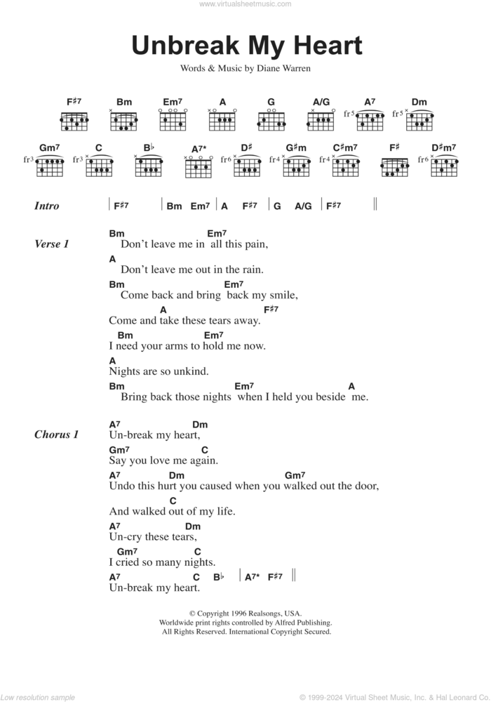 Un-Break My Heart sheet music for guitar (chords) by Toni Braxton and Diane Warren, intermediate skill level