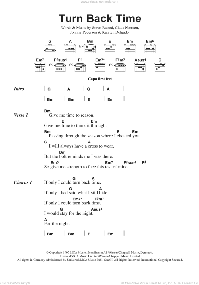 Turn Back Time sheet music for guitar (chords) by Aqua, Claus Norreen, Johnny Pederson, Karsten Delgado and Soren Rasted, intermediate skill level