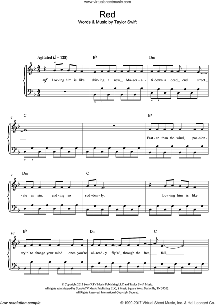 Red sheet music for piano solo by Taylor Swift, easy skill level
