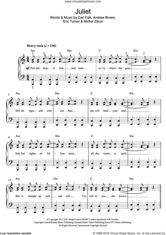 Juliet sheet music for piano solo by LAWSON, Andrew Brown, Carl Falk, Eric Turner and Michel Zitron, easy skill level