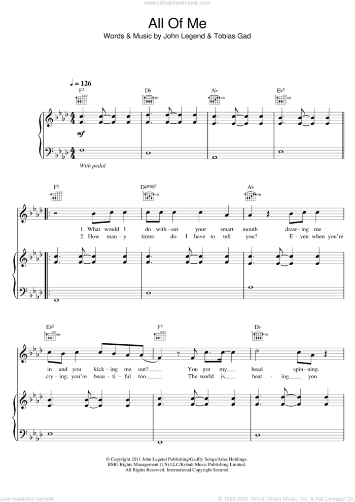 All Of Me sheet music for voice, piano or guitar by John Legend, Buddy Green and Toby Gad, intermediate skill level