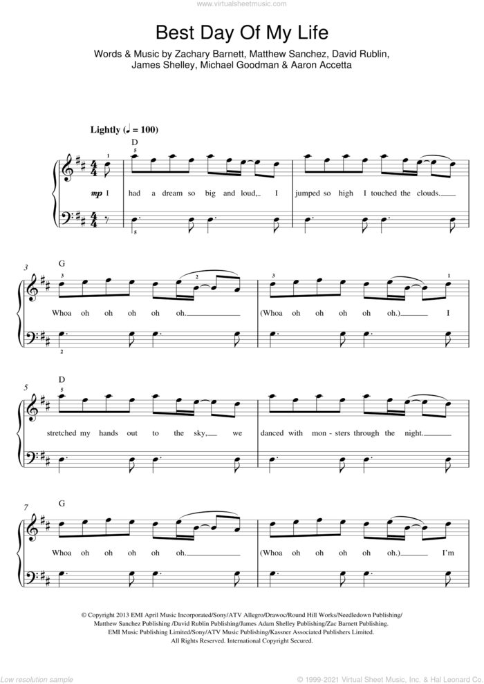 Best Day Of My Life sheet music for piano solo by American Authors, Aaron Accetta, David Rublin, James Shelley, Matthew Sanchez, Michael Goodman and Zachary Barnett, easy skill level
