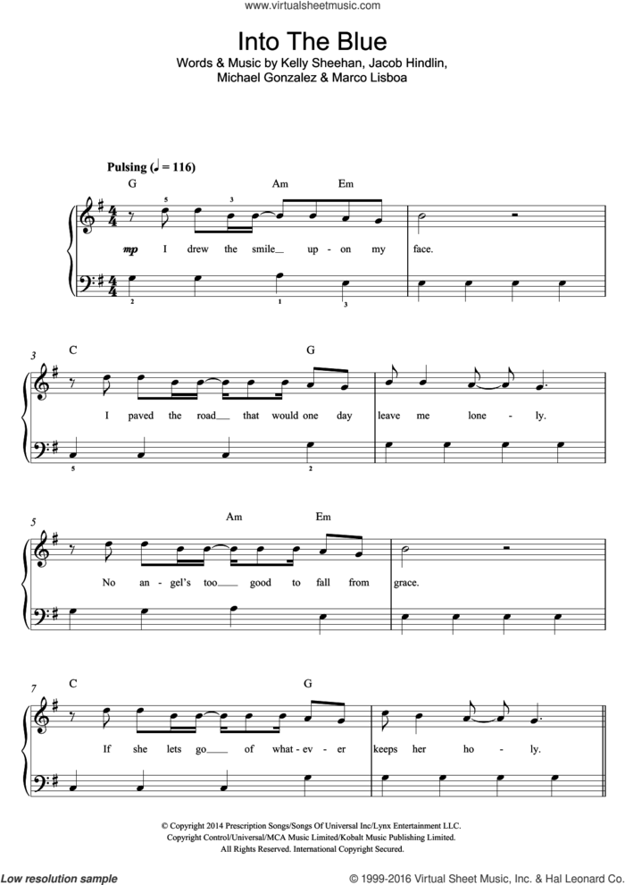 Into The Blue sheet music for piano solo by Kylie Minogue, Jacob Hindlin, Kelly Sheehan, Marco Lisboa and Michael Gonzalez, easy skill level