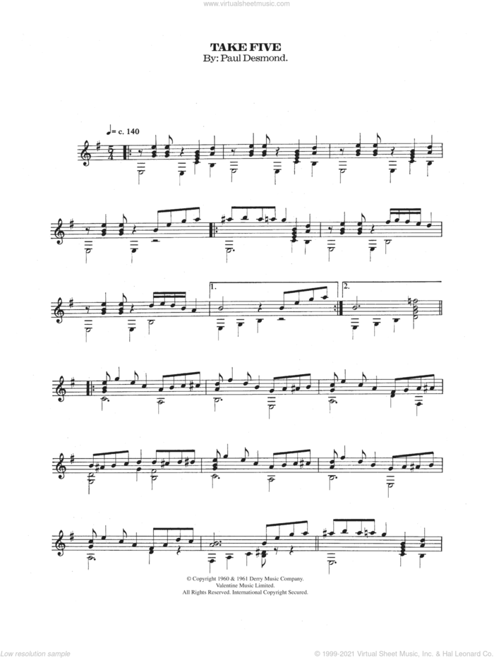 Take Five sheet music for guitar solo (chords) by Dave Brubeck and Paul Desmond, classical score, easy guitar (chords)