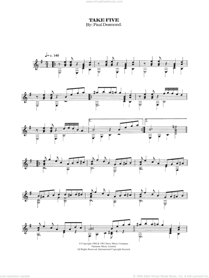 Take Five sheet music for guitar solo (chords) by Dave Brubeck and Paul Desmond, classical score, easy guitar (chords)