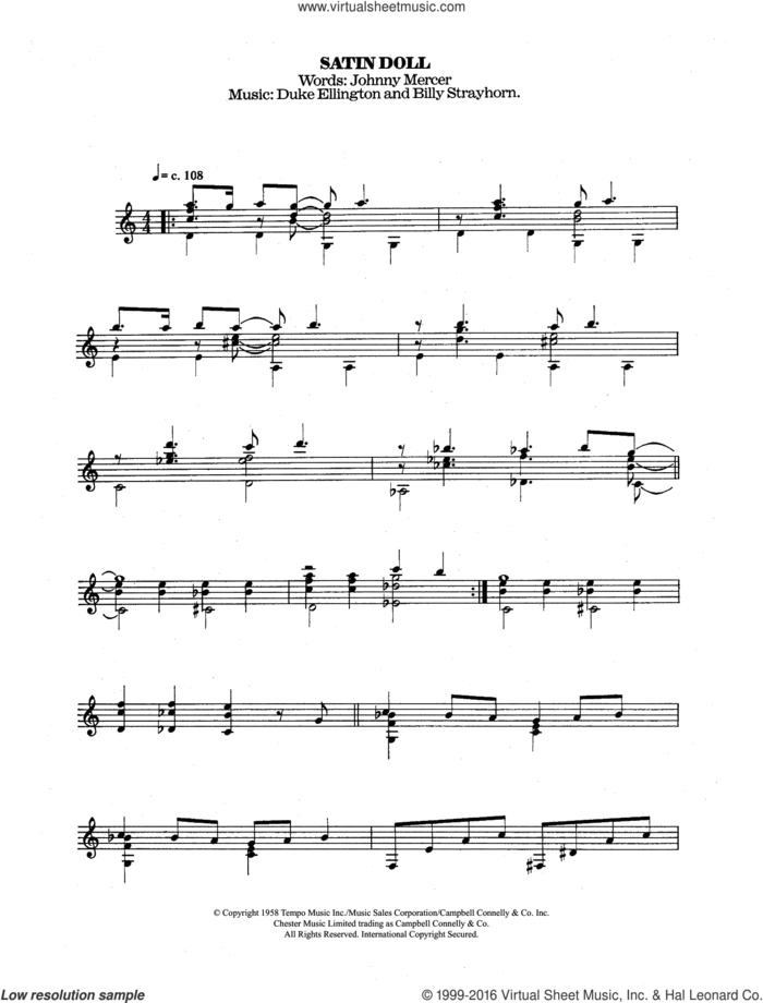 Satin Doll sheet music for guitar solo (chords) by Duke Ellington & Billy Strayhorn, Duke Ellington, Nina Simone, Billy Strayhorn and Johnny Mercer, classical score, easy guitar (chords)