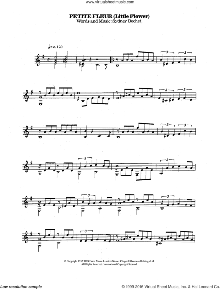 Petite Fleur (Little Flower) sheet music for guitar solo (chords) by Sidney Bechet, classical score, easy guitar (chords)
