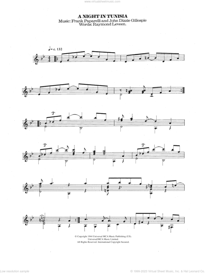 A Night In Tunisia sheet music for guitar solo (chords) by Dizzy Gillespie, Frank Paparelli and Raymond Leveen, classical score, easy guitar (chords)