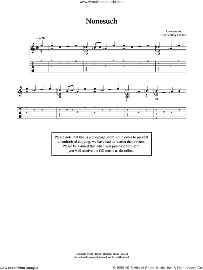 Nonesuch sheet music for guitar solo (chords) by Anonymous, classical score, easy guitar (chords)