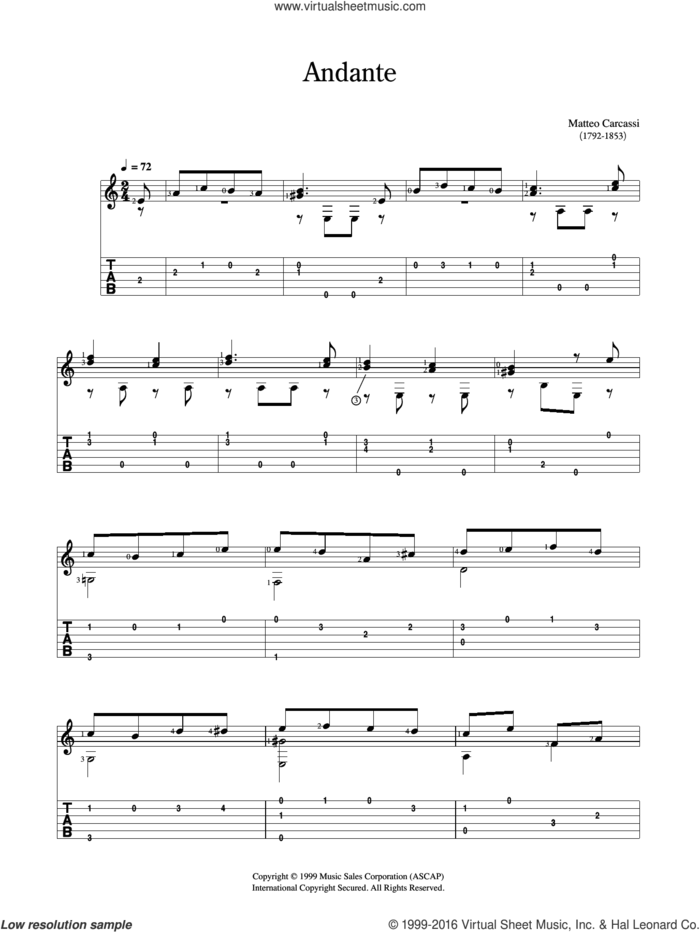 Andante sheet music for guitar solo (chords) by Matteo Carcassi, classical score, easy guitar (chords)