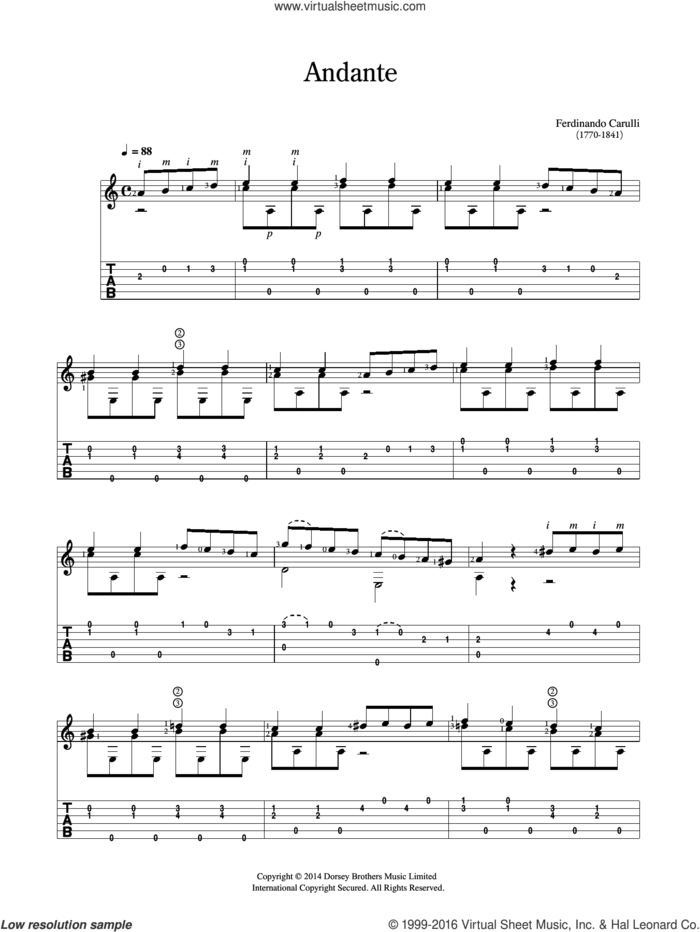 Andante sheet music for guitar solo (chords) by Ferdinando Carulli, classical score, easy guitar (chords)