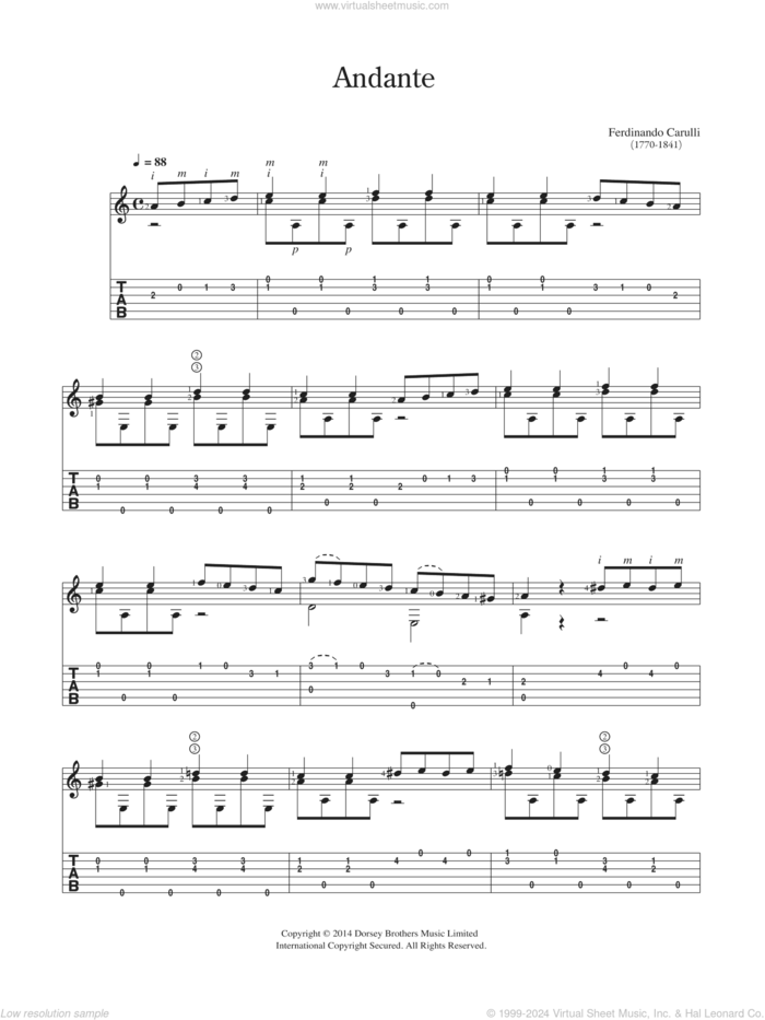 Andante sheet music for guitar solo (chords) by Ferdinando Carulli, classical score, easy guitar (chords)