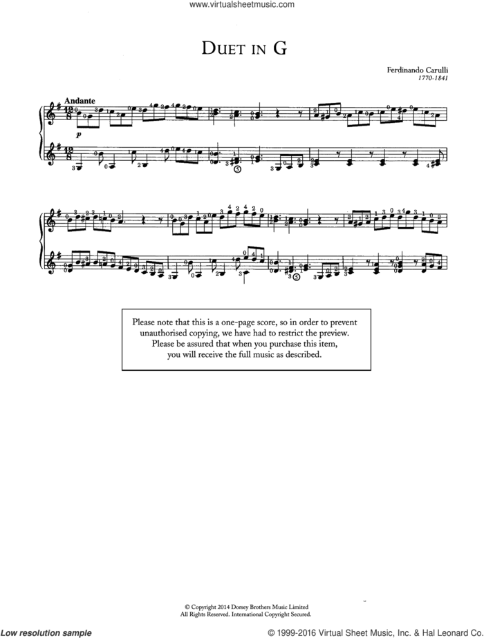 Duet In G sheet music for guitar solo (chords) by Ferdinando Carulli, classical score, easy guitar (chords)