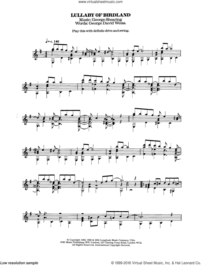 Lullaby Of Birdland sheet music for guitar solo (chords) by George Shearing and George David Weiss, classical score, easy guitar (chords)